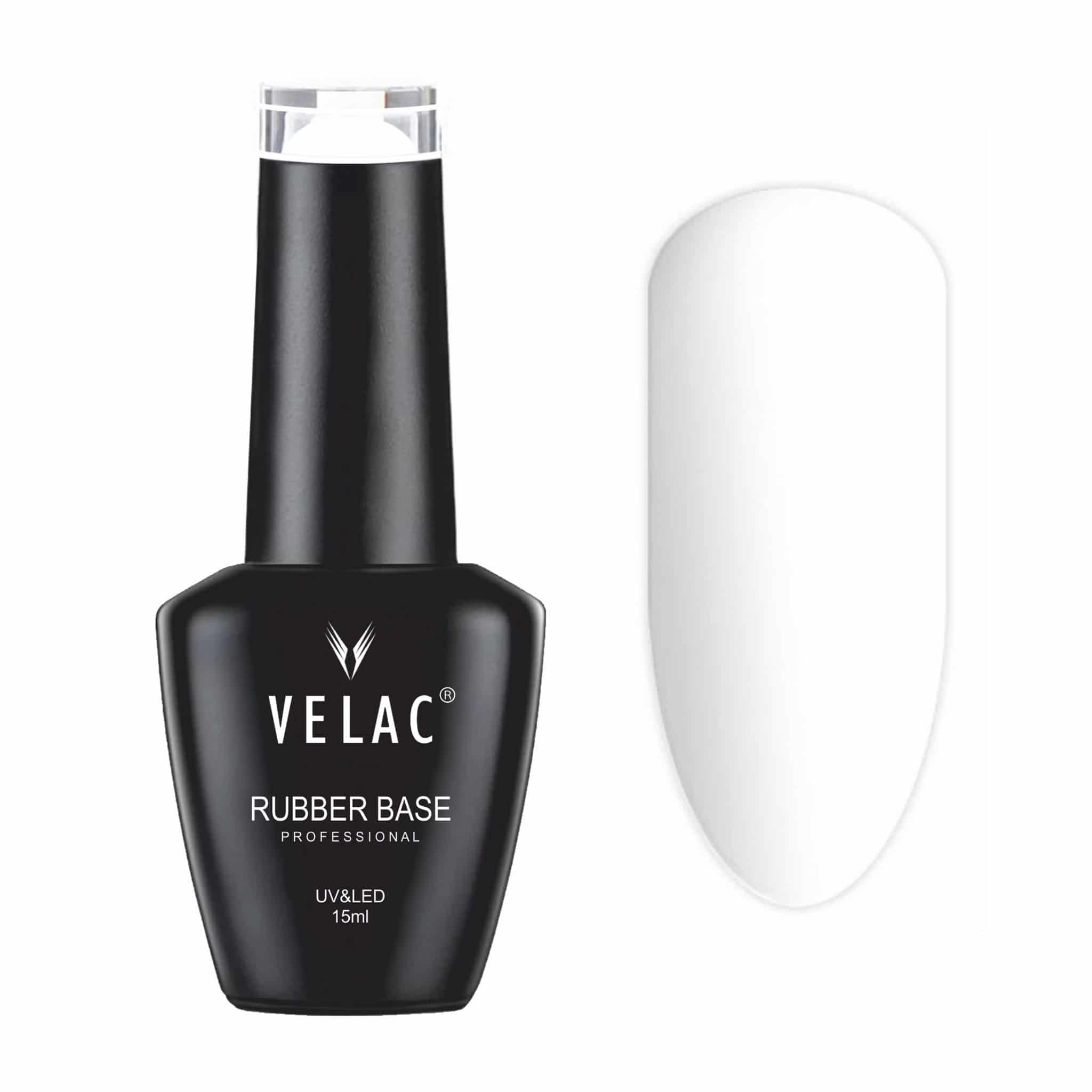 La base rubber 01 de Velac 15 ml es una base autonivelante, que refuerza y da volumen a las uñas débiles y es de color blanco.